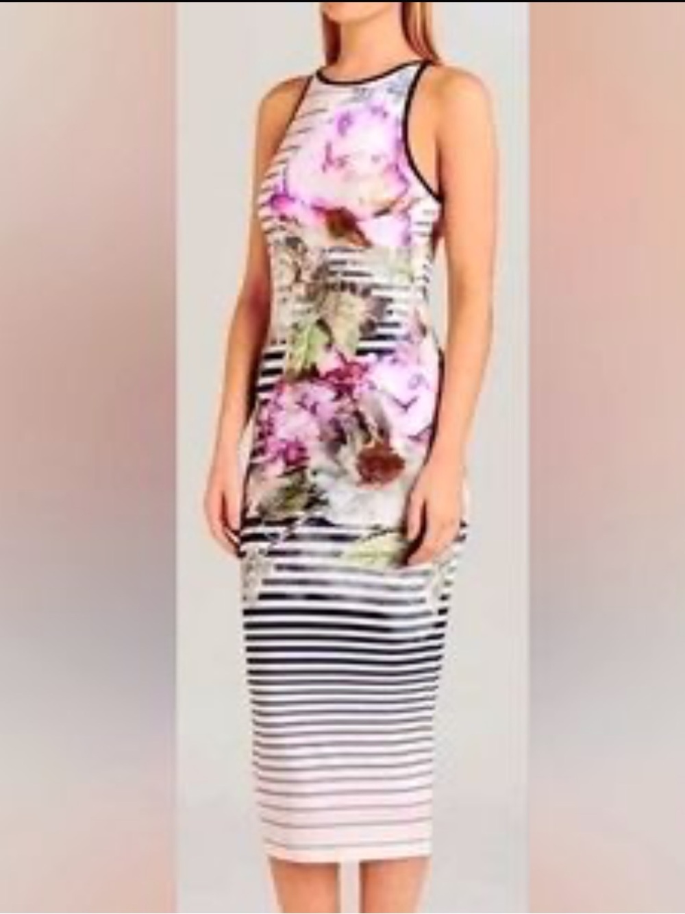 Ted Baker London Pink, Black and White Floral-Stripe Midi Dress